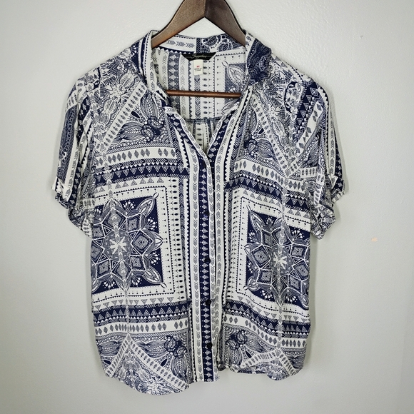 Supplies Button Up Shirt Short Sleeve Navy Blue White Boho Bandana Size Medium - Picture 1 of 13
